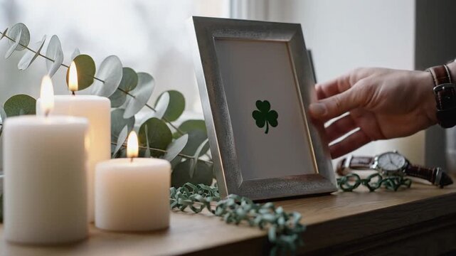 Hand places framed clover on wooden shelf with candles and greenery for St. Patrick's Day decor