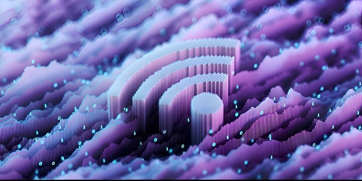 Abstract 3D wireless connection symbol with binary code and data waves in purple and blue neon colors.