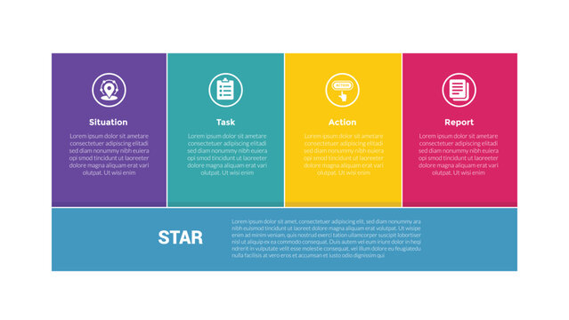 star method technique infographics template diagram with box table union with main description at bottom with 4 point step design for slide presentation
