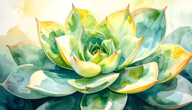 Variegated succulent plant with white and yellow leaf mutations shown in a detailed botanical watercolor illustration celebrating unique natural color patterns generative AI