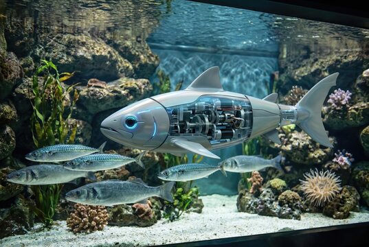 Large futuristic robotic fish displaying internal gears in a marine exhibit