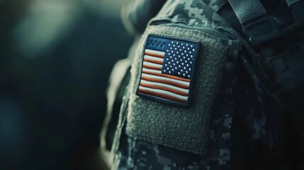 Fototapeta premium Close-up of a US flag patch on a soldier's camouflage uniform.