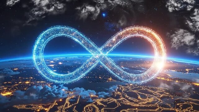 An illuminated infinity symbol floats above a glowing planet in space