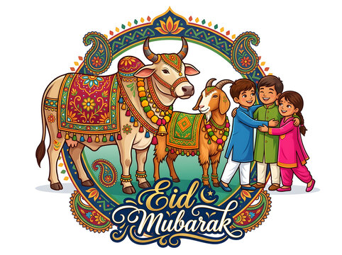Eid mubarak illustration with decorated cow and goat with children embracing, bakra eid
