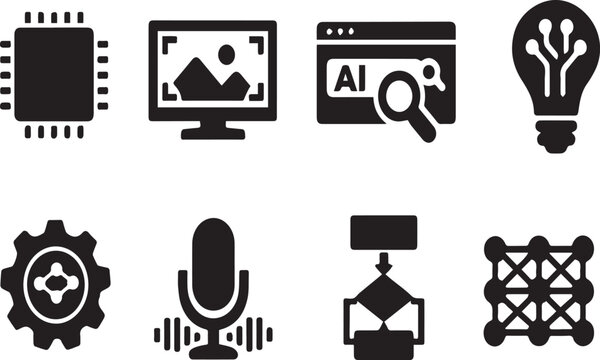 Artificial Intelligence and Machine Learning Icon Set: Neural Networks, Deep Learning, Computer Vision, Voice Recognition, and Data Processing Vector Elements for Modern Technology Projects.