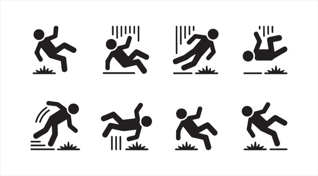 Slip and fall hazard silhouette icon set