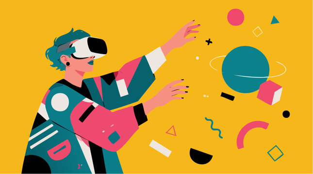 Non binary digital artist wearing a virtual reality headset and reaching for floating geometric shapes in a creative flat vector illustration representing modern technology and immersion.