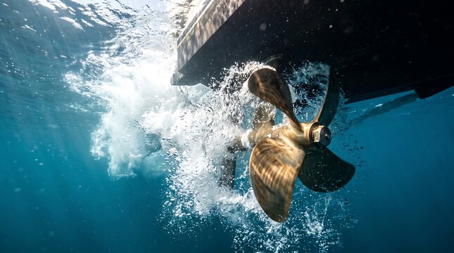Dynamic boat propeller underwater powering luxury yacht through turbulent ocean water, showcasing advanced marine propulsion technology for travel and advertising campaigns.