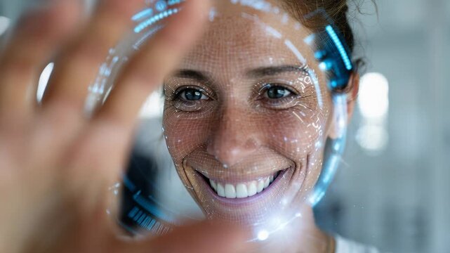 woman working with virtual computer, futuristic background