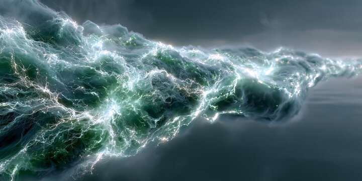 Artistic photograph of abstract green and teal energy filaments resembling lightning or electrical discharges flowing through a dark, misty background.