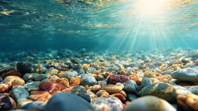 Close-up of colorful pebbles on a riverbank under sun rays with water reflection