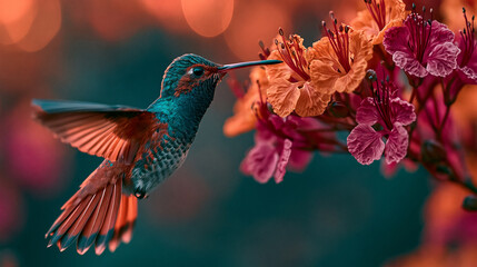 Fototapeta premium Artistic cinematic shot of a vibrant teal and orange hummingbird hovering mid-air while feeding from bright orange and pink tropical flowers.