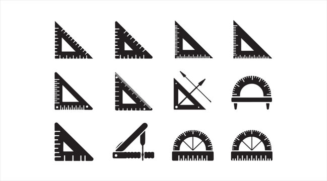 Geometry ruler and protractor silhouette icon set
