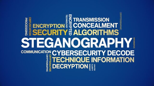 Steganography animated word cloud-text design animation tag kinetic typography seamless loop.