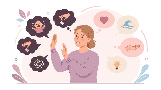 A woman faces intrusive thoughts during postpartum recovery where she tries to push them away while considering her feelings and emotions.