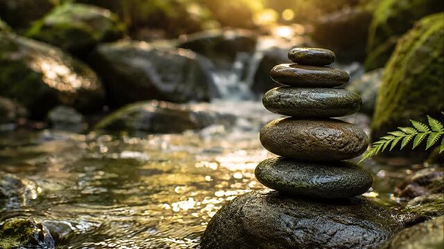 Eco spiritual lifestyle river stone stack balanced mossy rock by flowing stream sunlight fern serene mindful balance calm nature scene