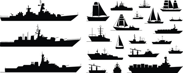 Black silhouettes of diverse ships and boats on white background, maritime vessel collection, naval, cargo, sail, fishing, transport, ocean design illustration © MOSTSHAHANAJ