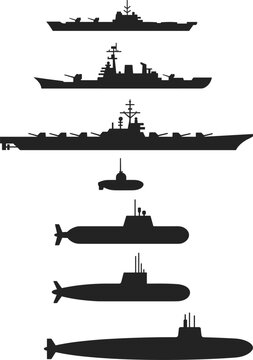 Black silhouettes of naval warships and submarines, aircraft carrier, destroyer, battleship, maritime fleet illustration for military, transport, and ocean design