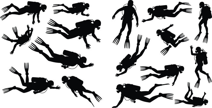 Black silhouettes of scuba divers swimming, diving, ascending, descending, underwater adventure illustration for ocean, sport, marine life, and exploration design