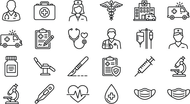  Medical and Healthcare Icon Set Featuring Doctors, Nurses, Hospitals, Ambulances, Syringes, Stethoscopes, Laboratory, and Health Monitoring Tools for Professional and Digital Projects
