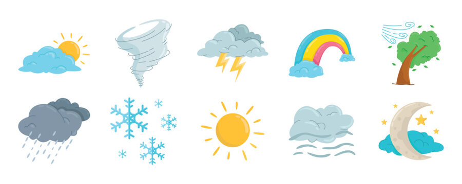 Flat vector illustration set of various weather conditions and meteorological
