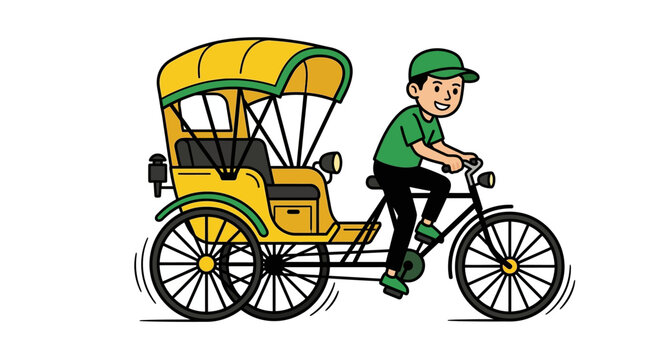 A friendly driver pedaling a traditional yellow cycle rickshaw illustration.