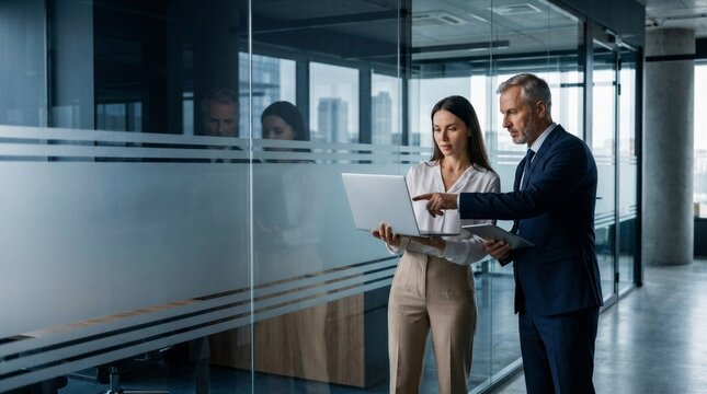 Two partners team of professional business people working discussing writing notes at desk. Mature teacher mentor leader man showing young woman manager project on laptop in office. Banner, copy space