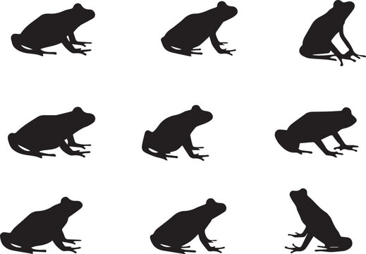 Black Frog Silhouette Collection - Nine Detailed Vector Illustrations of Toads and Frogs in Various Poses for Nature Conservation, Wildlife Education, and Eco-Friendly Graphic Design Projects.