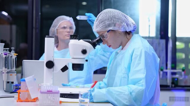 Laboratory researchers analyzing samples modern science lab image series bright environment close-up view scientific innovation