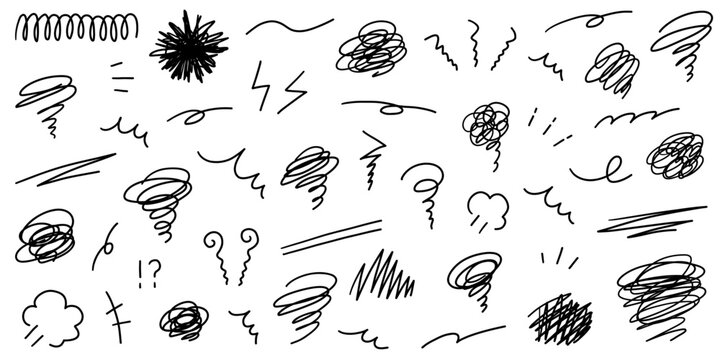 手書きの飾りイラストのベクターイラストセット。手描き、集中線、モヤモヤ、注目、落書き