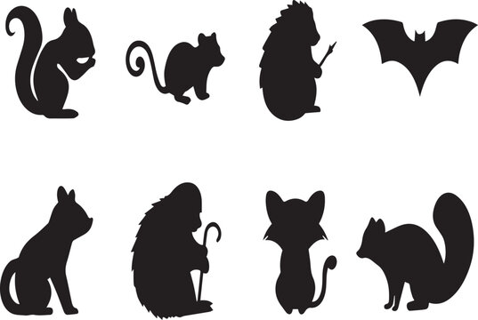 Vector Silhouette Collection of Diverse Wild Animals and Pets including Squirrel, Bat, Monkey, Cat, and Raccoon; Perfect for Nature Projects, Web Icons, and Creative Logo Design Backgrounds.