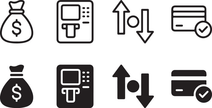 Set of 8 financial icons including money bag atm transfer credit card with cash withdrawal online payment digital wallet atm machine financial services dollar sign icon business