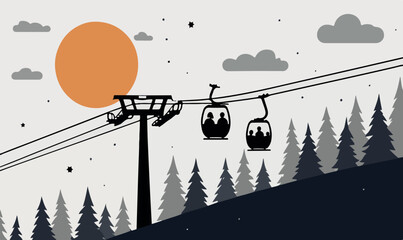 Minimalist Vector Illustration of a Cable Car Gondola Silhouette over a Snowy Pine Forest at Sunset, Scenic Mountain Ski Resort Landscape with a Large Orange Sun and Winter Starry Sky © raja