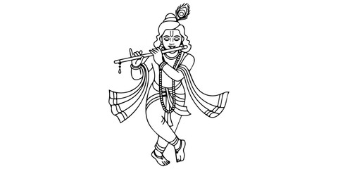 Lord Krishna Playing Flute Continuous One Line Drawing Hindu God Vector Illustration, Elegant Line Art Drawing of Krishna Playing a Flute, Lord krishna playing the flute minimalist style concept. © Gerish