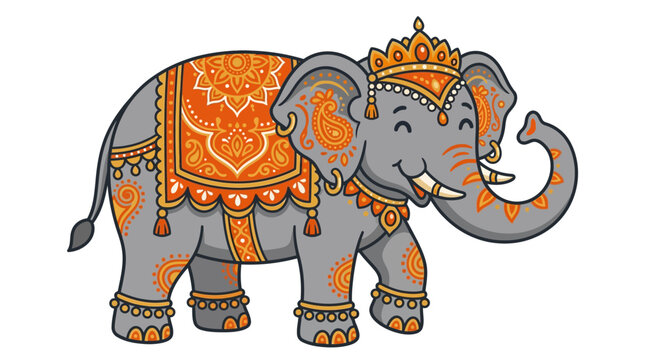 Cartoon Illustration of a Decorated Royal Indian Elephant.