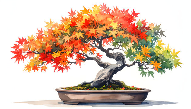 Japanese maple bonsai displaying vibrant autumn colors with delicate red orange and yellow leaves in an elegant watercolor botanical illustration generative AI