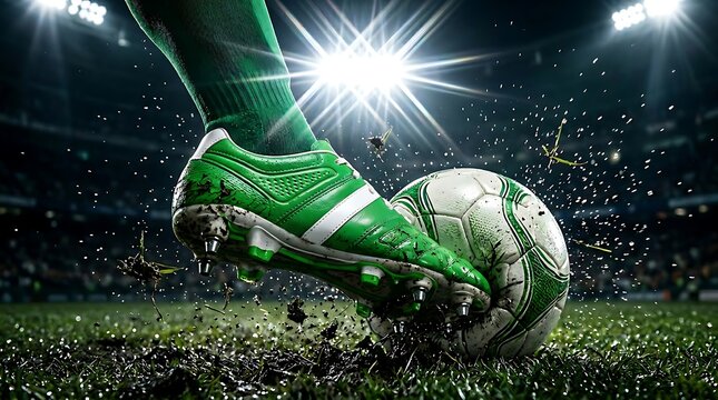 Green soccer cleats kicking a ball on a stadium field at night
