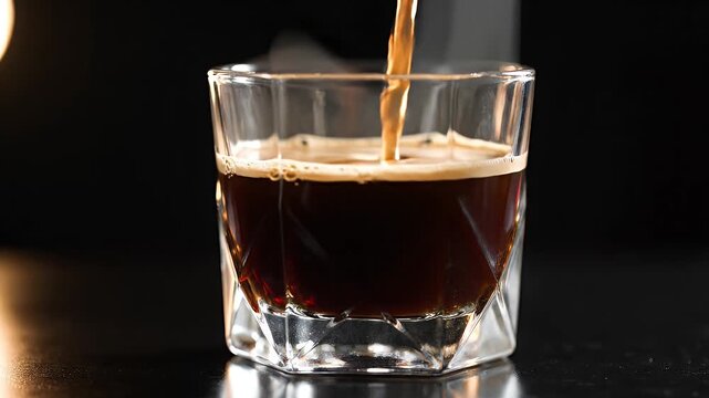 Pouring Fresh Coffee into a Glass Cup with Dark Background.