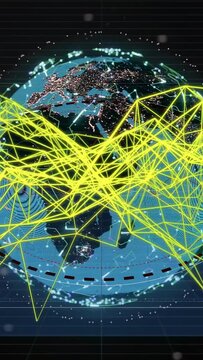Vertical video: On start globe rotating left while yellow mesh reshaping, visualizing network