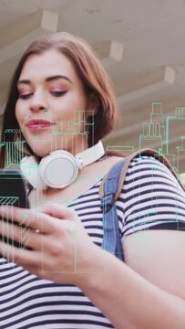 Vertical video: Woman commuting under canopy sipping cup and tapping phone, causing AR wireframe