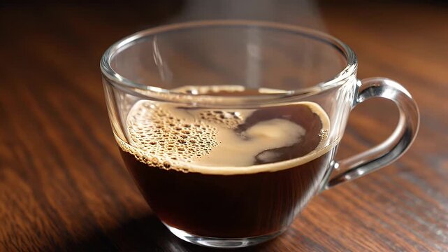 Freshly brewed coffee pouring into a transparent glass cup on a wooden table.