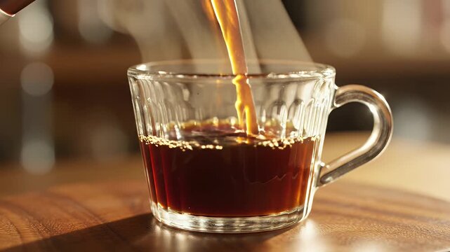 Pouring Freshly Brewed Coffee into a Clear Glass Cup on Wooden Table.