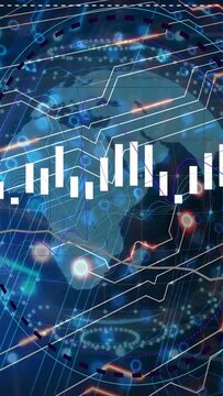 Vertical video: Blue globe pulsing and making bars rise while lines animating to show global data