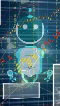 Vertical video: Bits flowing, robot shifting face, UI panes moving, charts rising for analytics