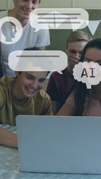 Vertical video: Teens with teacher leaning over laptop, new msgs causing AI bubbles while reacting