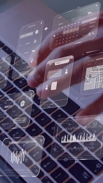 Vertical video: Man resting hands typing, causing floating UI panels updating chat for tech support