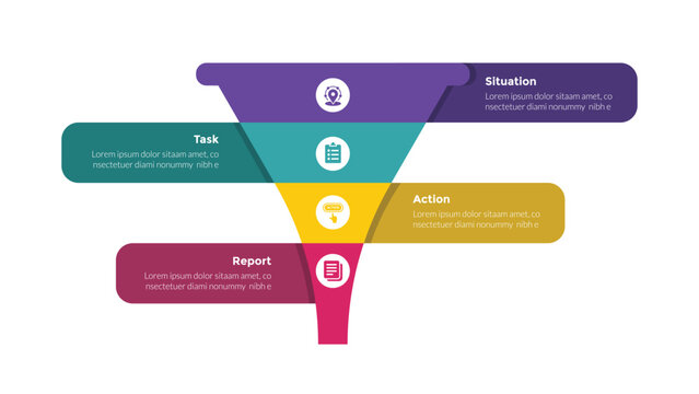 star method technique infographics template diagram with big funnel and description box with 4 point step design for slide presentation