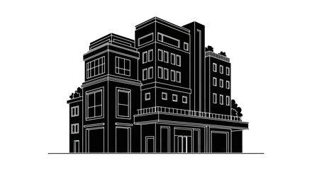 Fototapeta premium Minimalist black and white hotel building line art illustration