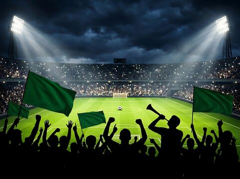 Silhouetted crowd cheering at a nighttime soccer stadium with green flags