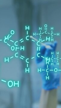 Vertical video: Lab tech pulling swab from tube, turquoise chemical graphics growing for analysis